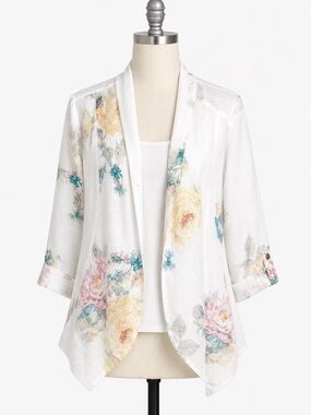 Chico's Cream Linen-Blend Jacket with Subtle Floral Print